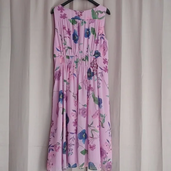 Talbots Georgette Botanical Fit&Flare Midi Dress, Purple Floral, Ruched Waist - Picture 10 of 16
